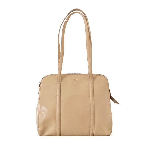 Prada 90s beige Spazzolato leather embossed logo shoulder tote bag - Picture 1 of 14